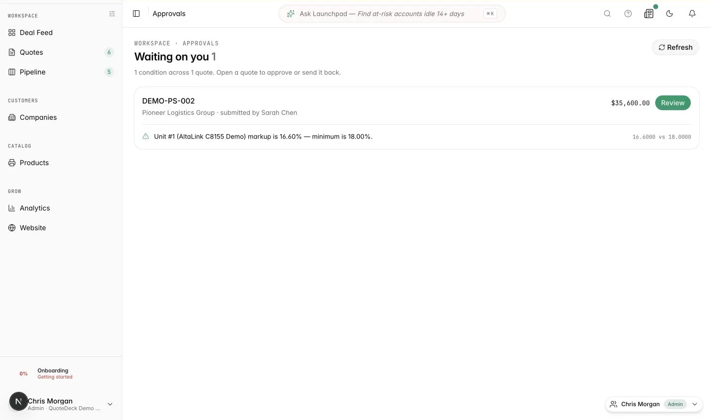 QuoteDeck manager approval queue with a fictional Pioneer Logistics quote held below the minimum markup rule