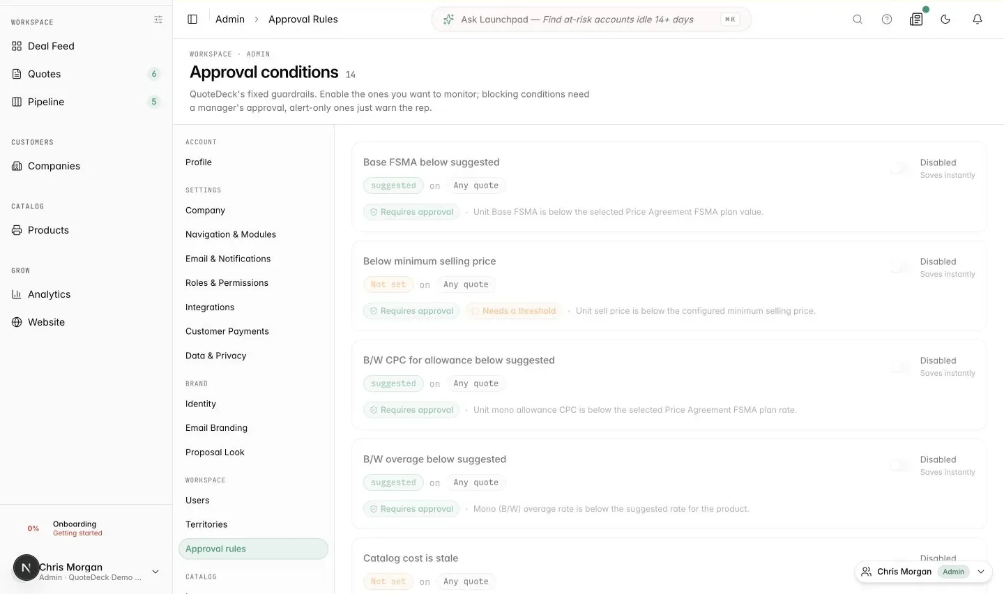 QuoteDeck approval condition settings for dealer pricing and FSMA guardrails