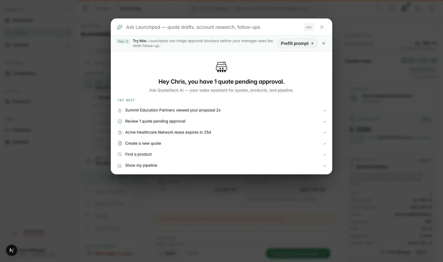 QuoteDeck Launchpad open over a fictional quote with prompts for quote creation, approval review, and lease renewal