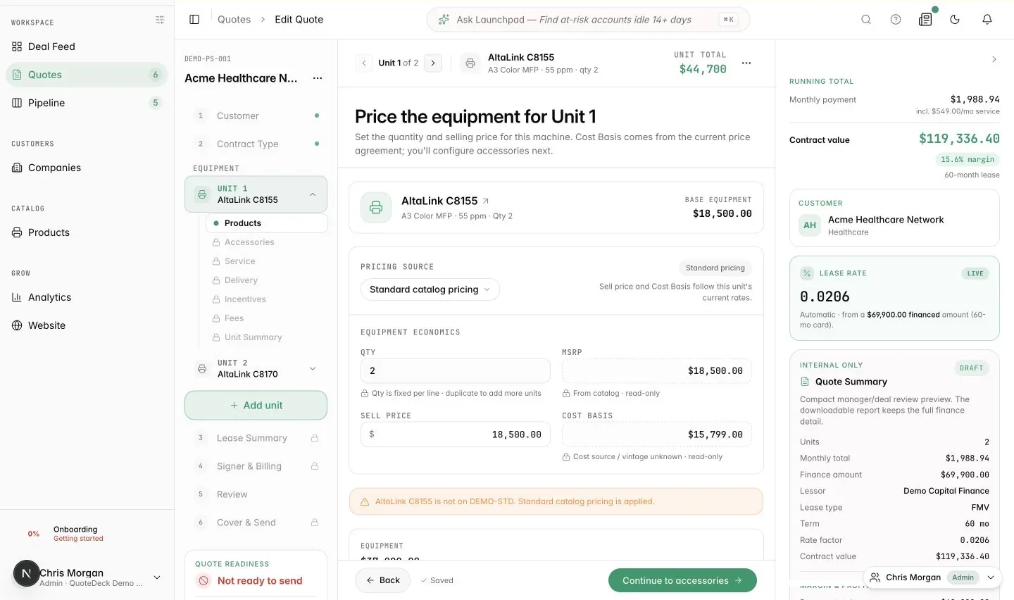 QuoteDeck quote builder showing two AltaLink units, product pricing, lease totals, and a quote summary for fictional Acme Healthcare Network