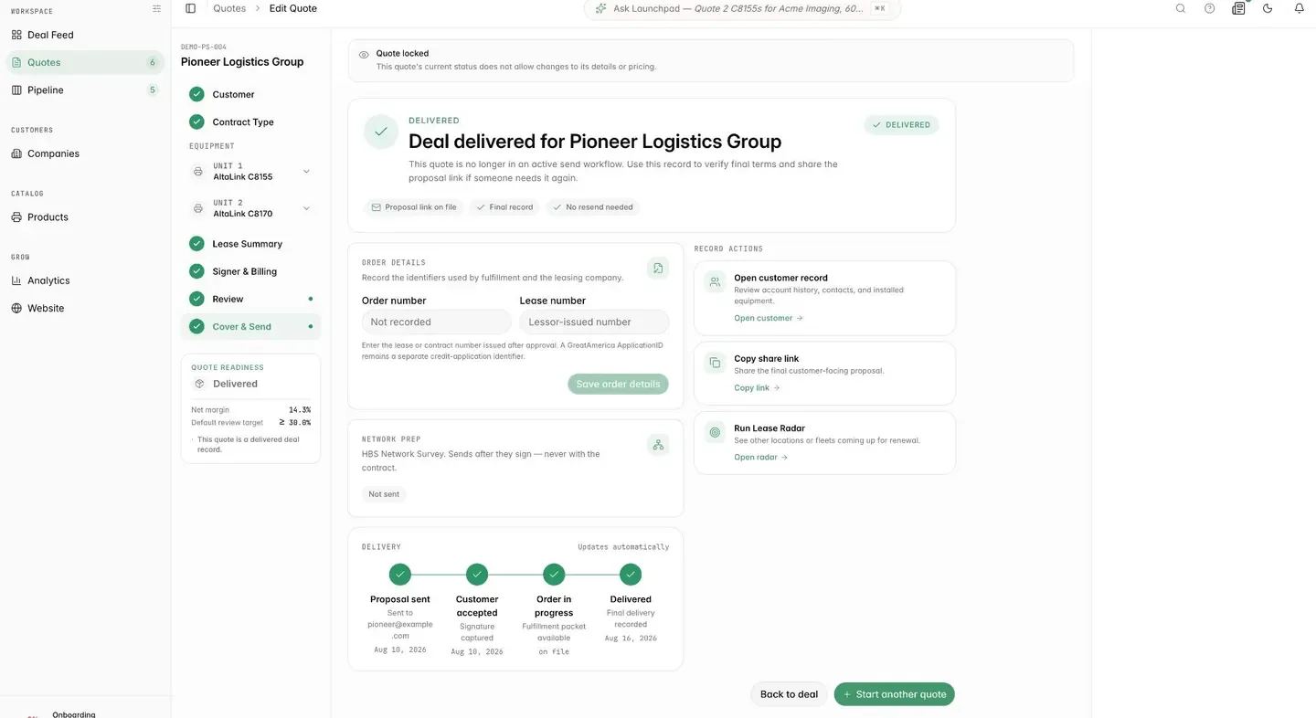 QuoteDeck delivered-deal record showing a proposal sent to a fictional Pioneer contact and the customer acceptance timeline