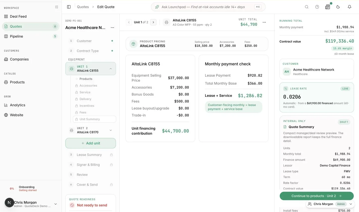QuoteDeck unit summary showing product pricing, a monthly payment check, lease plus service, and internal quote economics