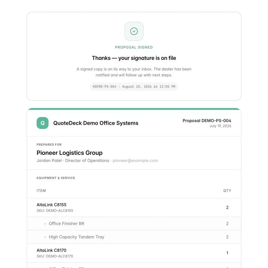 Signed QuoteDeck proposal for fictional Pioneer Logistics Group with proposal number and completion timestamp