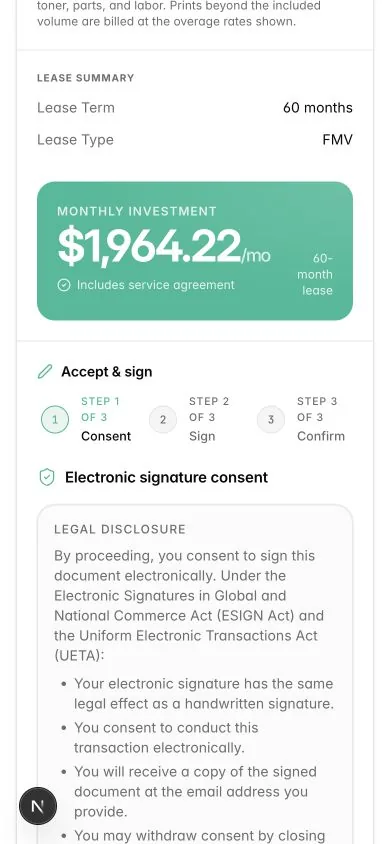 Mobile QuoteDeck proposal showing the three-step electronic signature consent flow